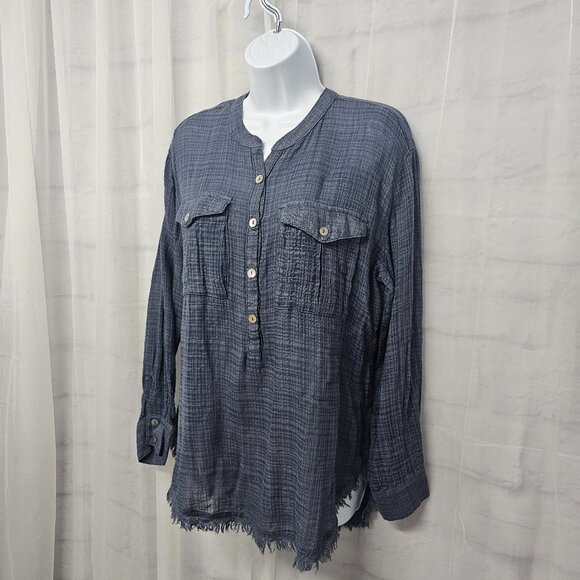 Free People Blue Plaid Blouse Peasant Boho Fringe Festival Grunge Hippie S - Picture 6 of 12